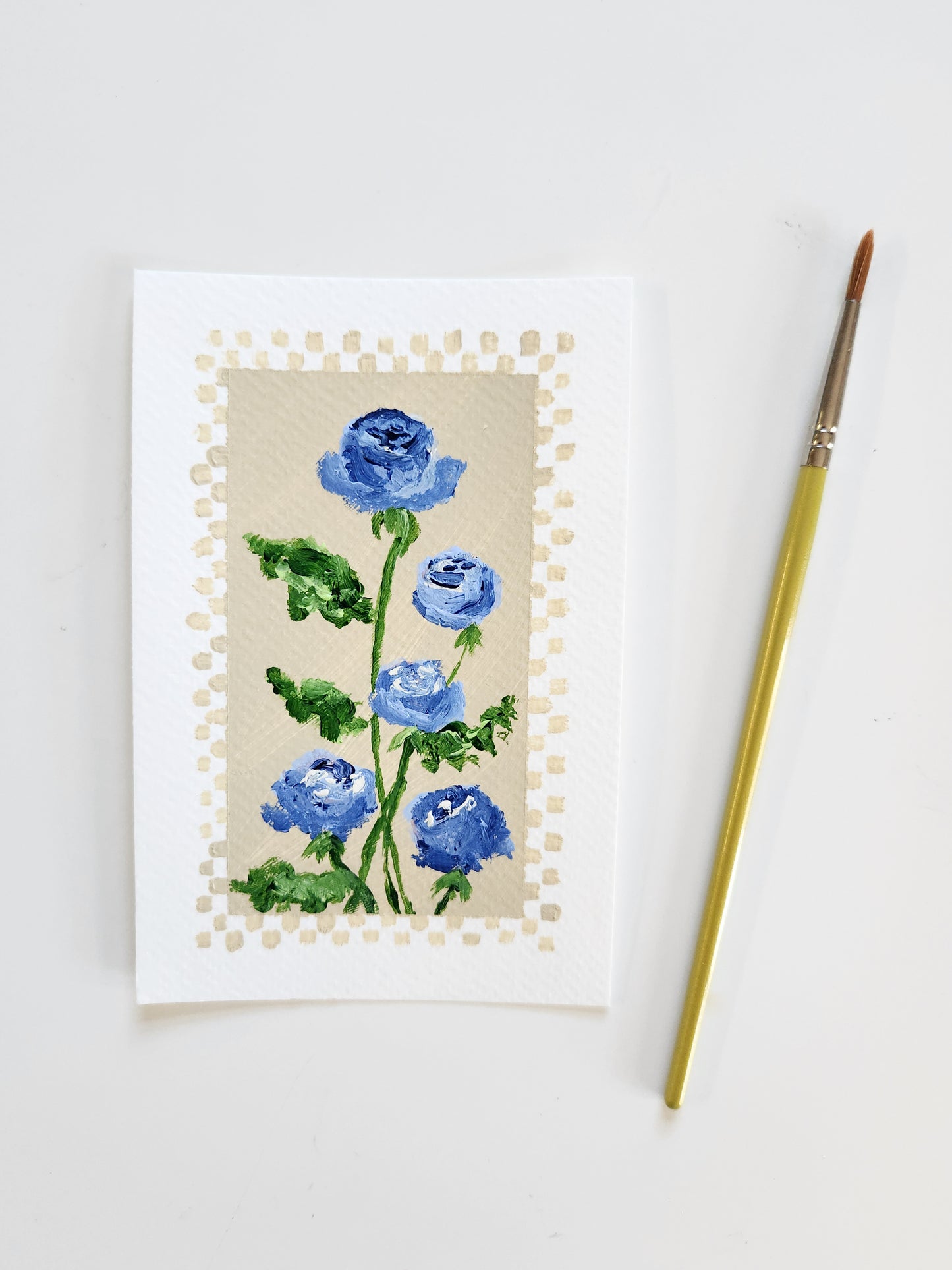 "Pretty Little Baby" – 5 Blue Roses with Checker Border - Unique one of a kind gift