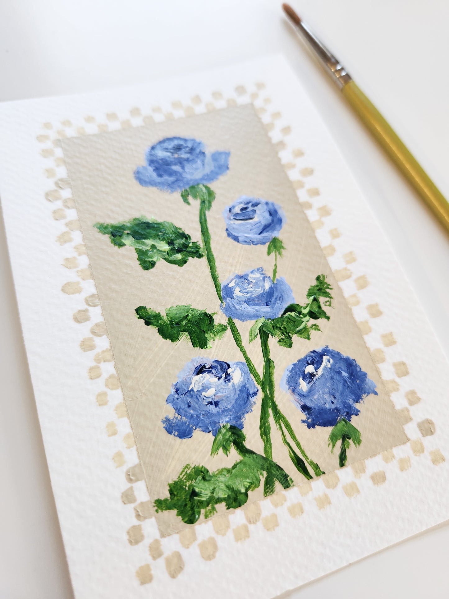 "Pretty Little Baby" – 5 Blue Roses with Checker Border - Unique one of a kind gift