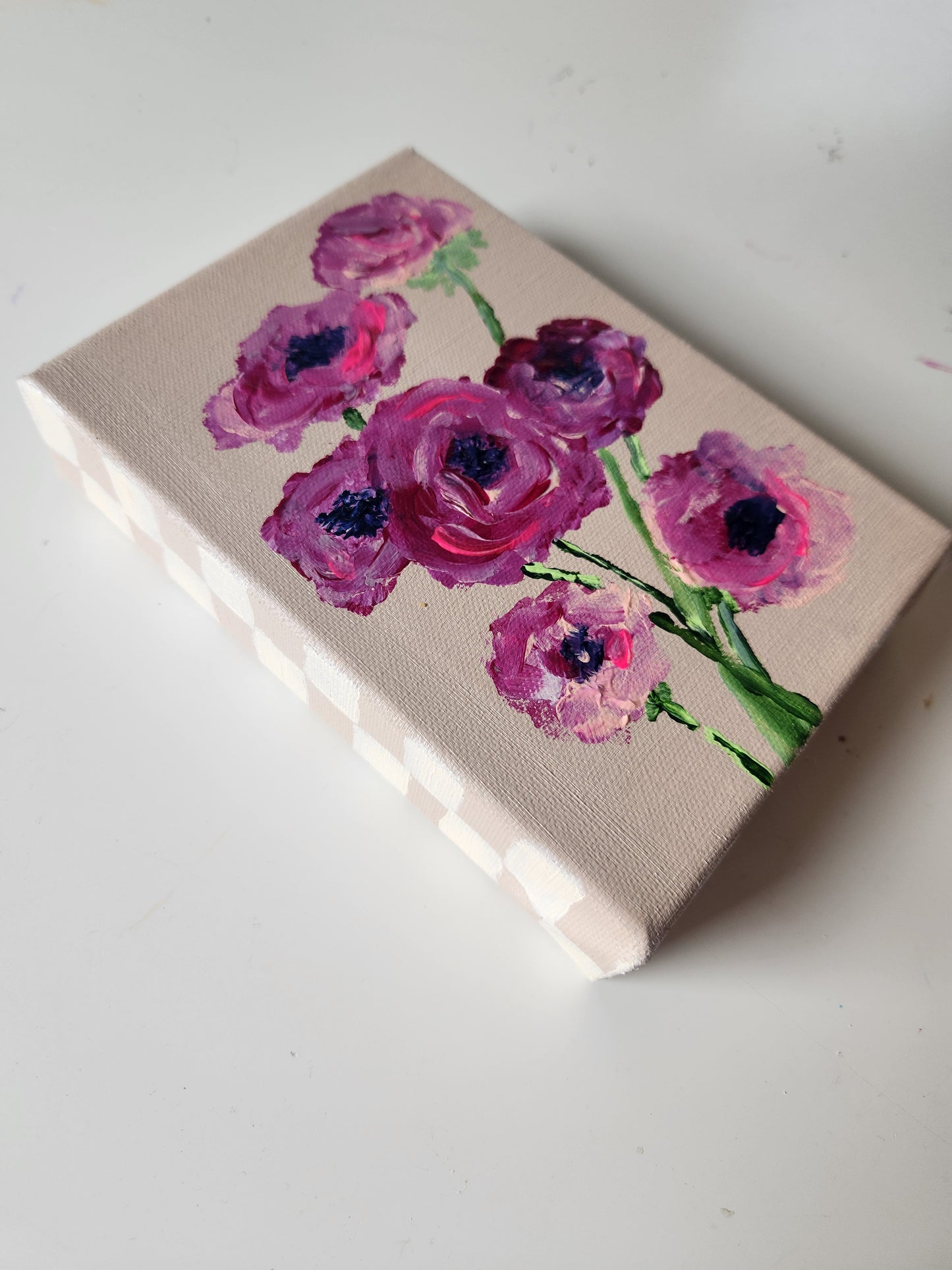 Pretty Little Baby - Pink Magenta Red Flowers - 5x7 inch Canvas - Checkered Border Gallery Wrapped Canvas