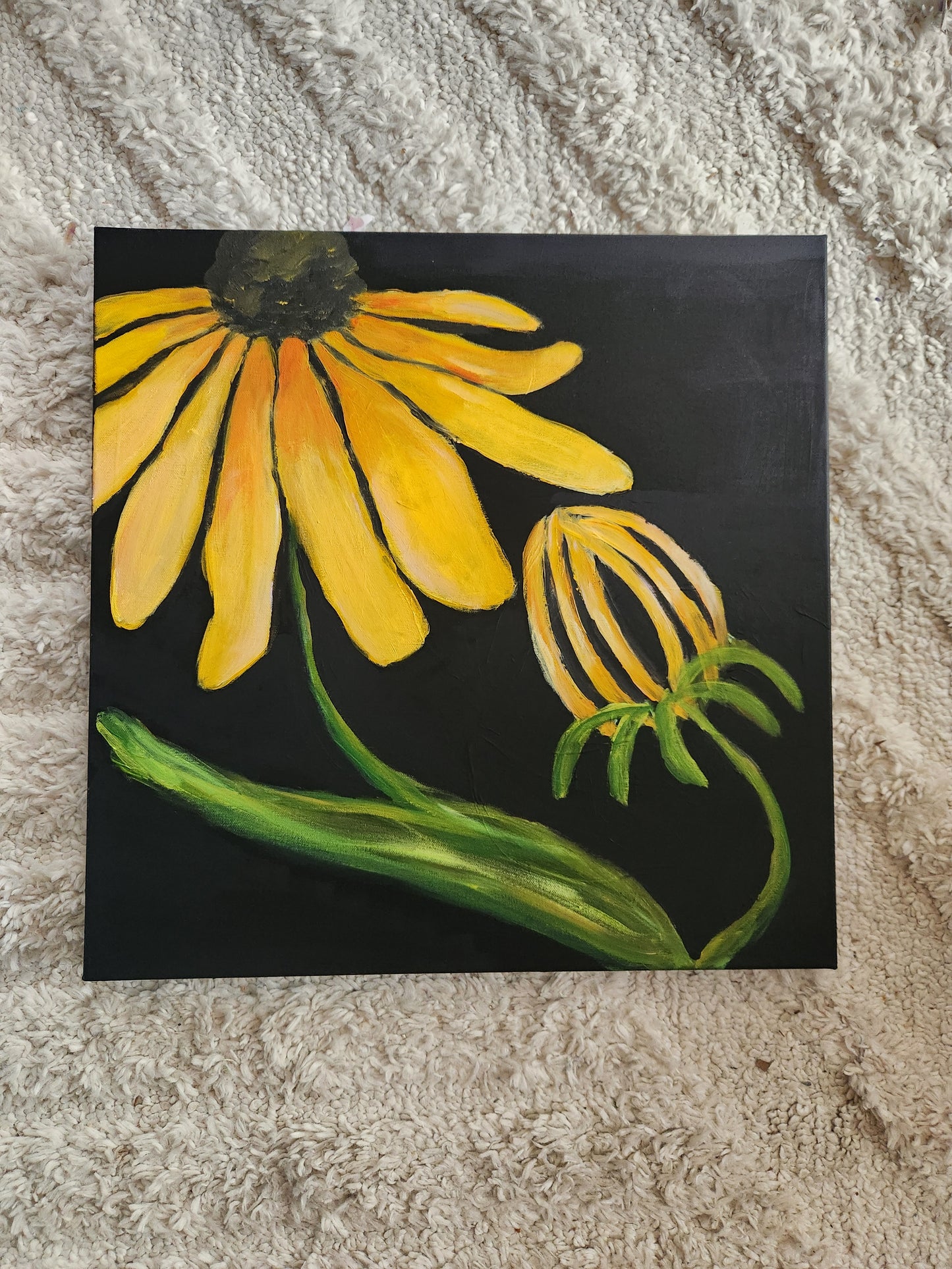 Black-eyed Susan Yellow Gold and Green on Black Original Painting Good for the Soule Holly Soule