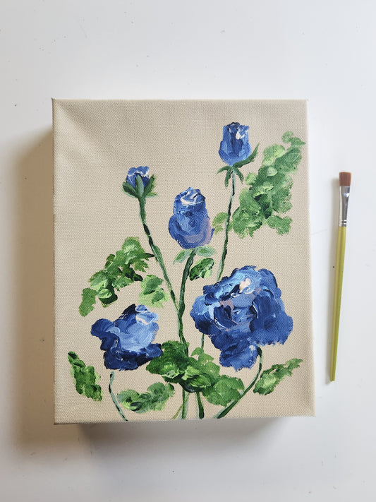 Pretty Little Baby - 5 Blue Roses - 8x10 inch Canvas - Checkered Border Gallery Wrapped Canvas