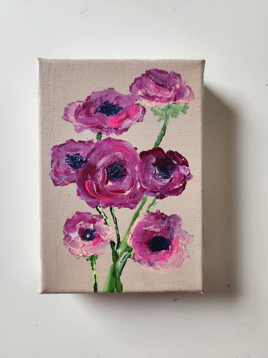 Pretty Little Baby - Pink Magenta Red Flowers - 5x7 inch Canvas - Checkered Border Gallery Wrapped Canvas