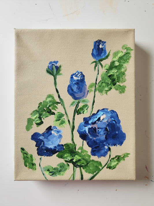 Pretty Little Baby - 5 Blue Roses - 8x10 inch Canvas - Checkered Border Gallery Wrapped Canvas