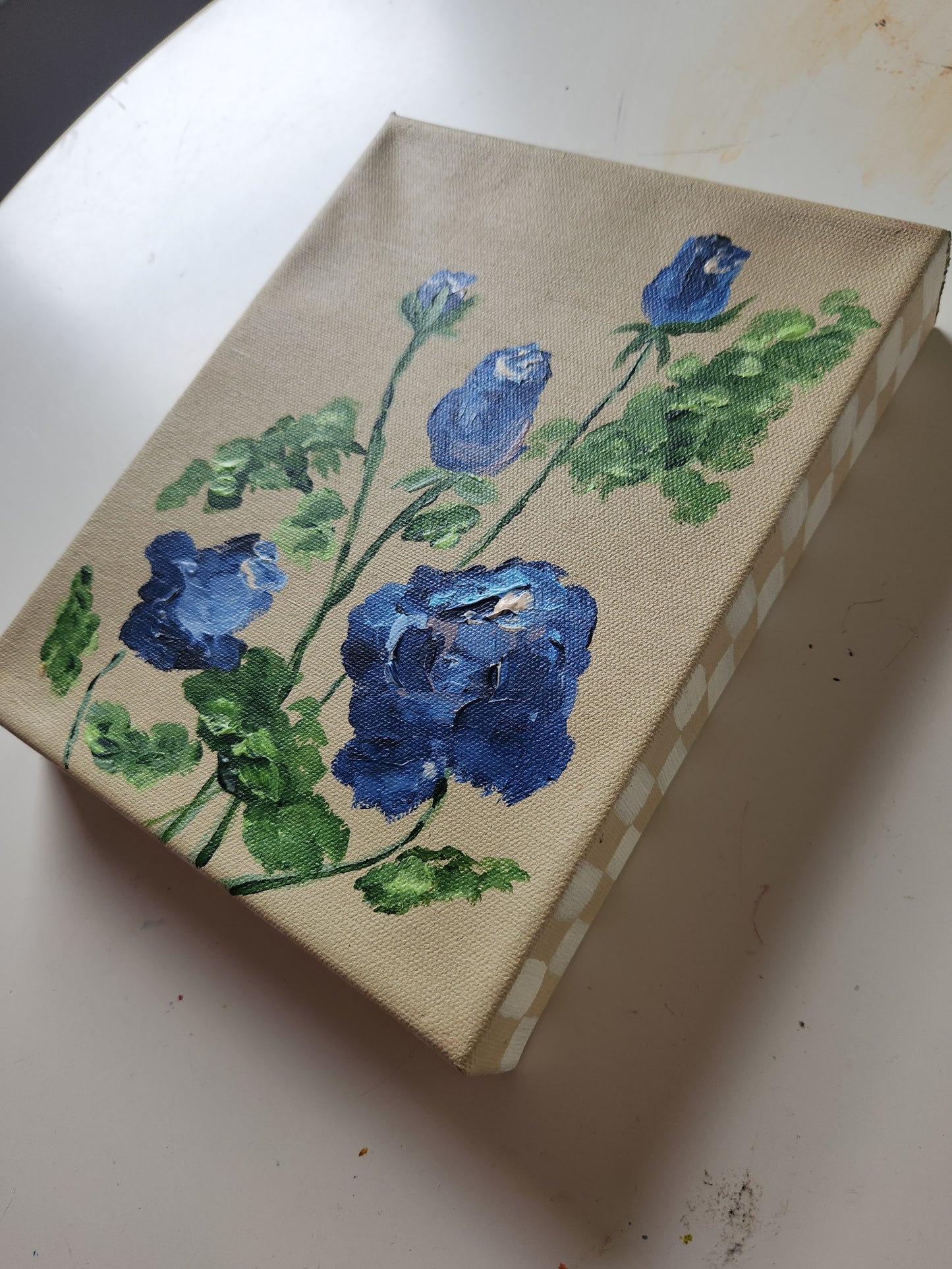 Pretty Little Baby - 5 Blue Roses - 8x10 inch Canvas - Checkered Border Gallery Wrapped Canvas