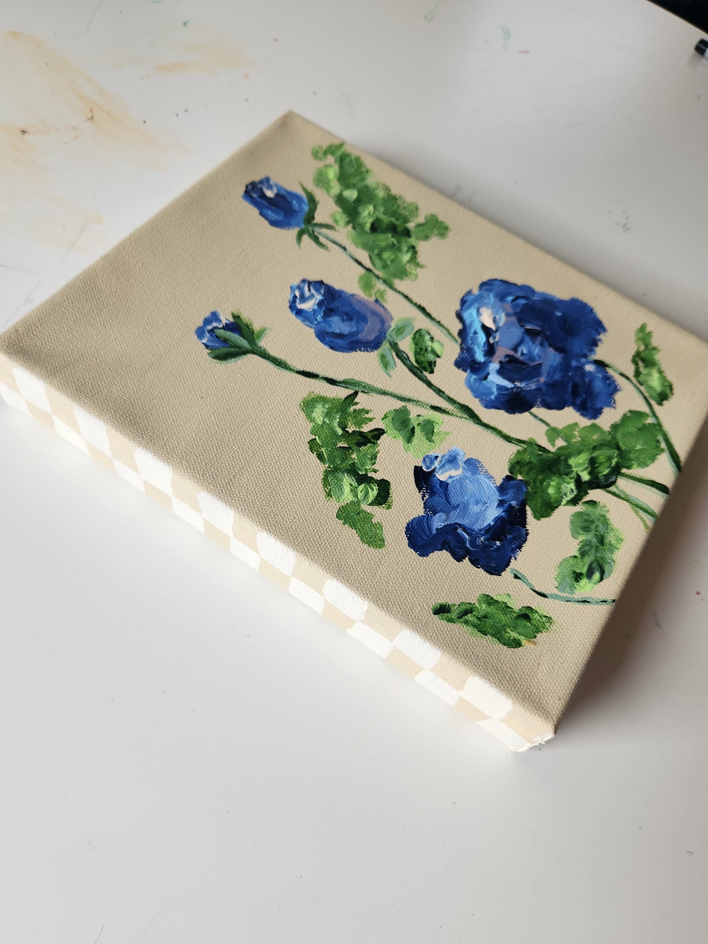 Pretty Little Baby - 5 Blue Roses - 8x10 inch Canvas - Checkered Border Gallery Wrapped Canvas