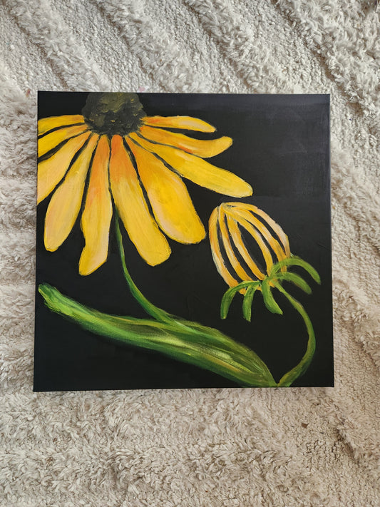 Black-eyed Susan Yellow Gold and Green on Black Original Painting Good for the Soule Holly Soule